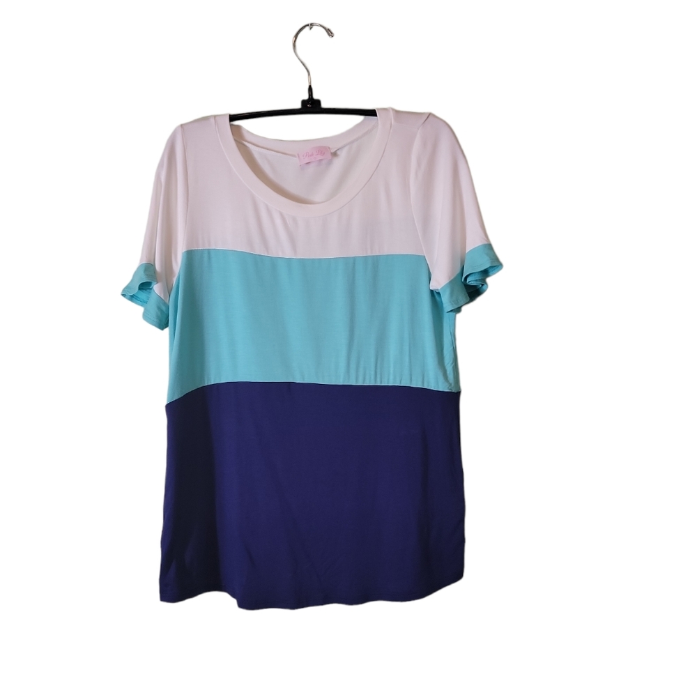 Pink Lily  Color Block Short Sleeve  Crew Neck Loose Fit Top Sz Small
